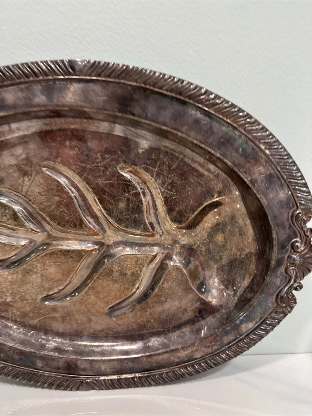 Silver-copper  Decorative Oval Serving Tray with Leaf Motif,  vintage